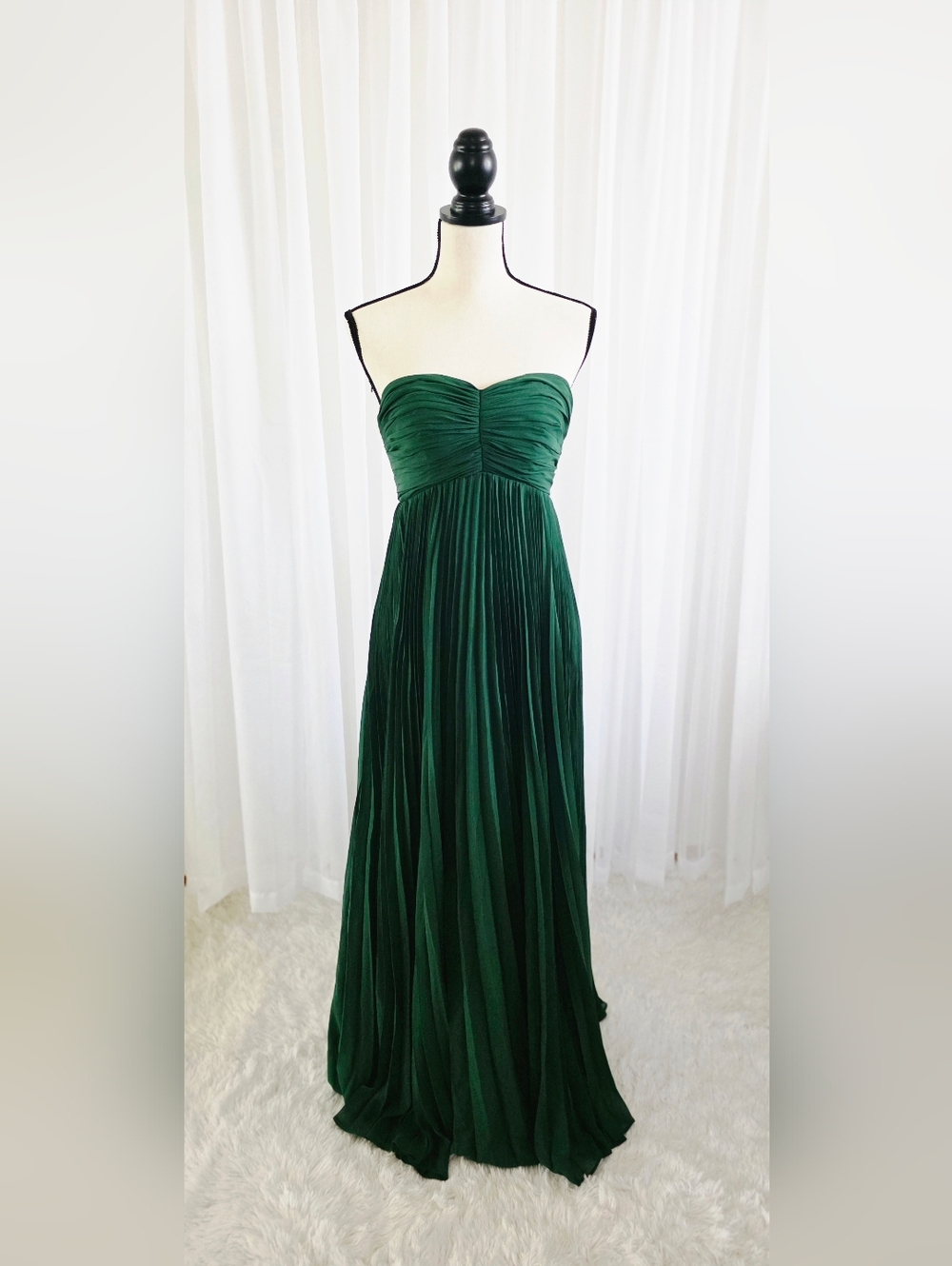 Strapless Forest Green Pleated Evening Dress